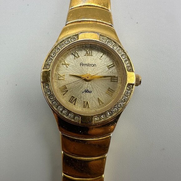 3/$30 Armitron Watch Women Gold Tone Crystal Bezel Round 22MM Dial 6.25" - Picture 1 of 14